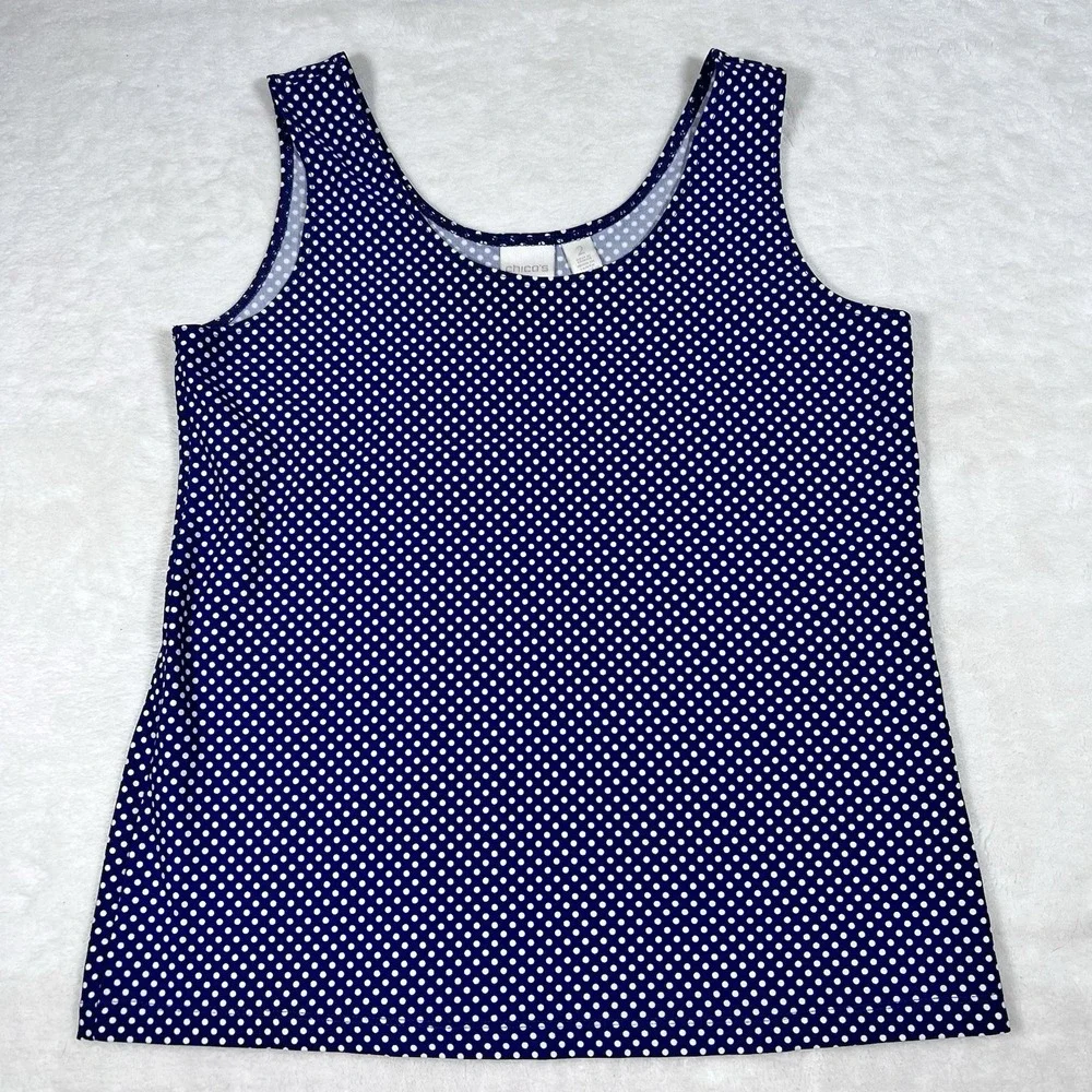 CHICO'S Sz 2=12/14 Large Tank Top Shirt Blouse Blue White Polka Dots Nylon - Picture 1 of 7